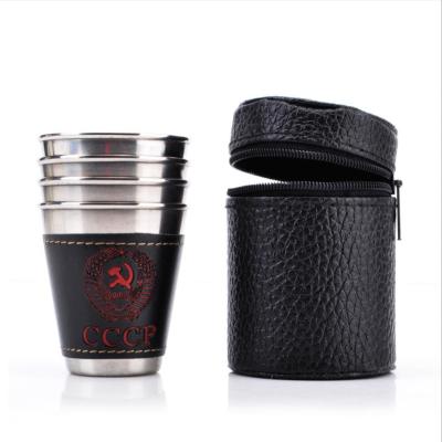 China Factory direct sale 4pcs 30ml 70ml 150ml stainless steel disposable drinks cup shot glass with leather package for sale