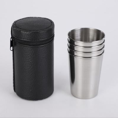 China 150ml Stainless Steel Disposable Unbreakable Mug 4pcs Set With Leather Bag Cold Water Beer Mug Pint Glass for sale