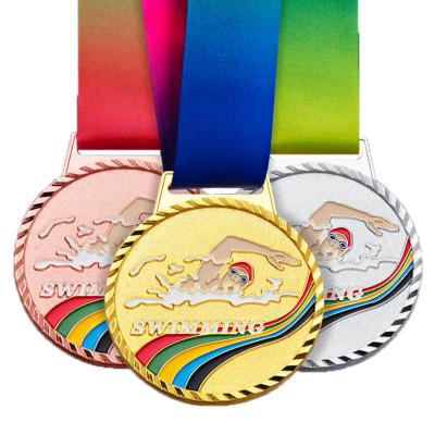 China High Quality Europe Swimming Running Medal In Stock With Ribbon Full Color Sublimated Fast Delivery for sale