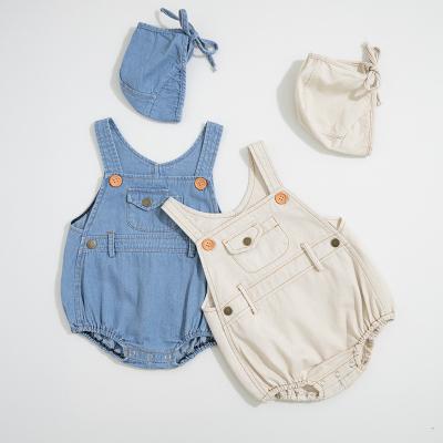 China Denim Strap Button Pocket Baby Fashion Antibacterial Baby Knitted Clothes Kids Denim Romper for sale