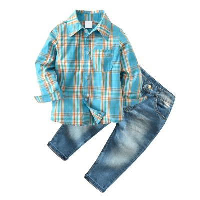 China 2021 autumn/winter new casual boys plaid long-sleeved shirt pants children's set of 2 pieces for sale