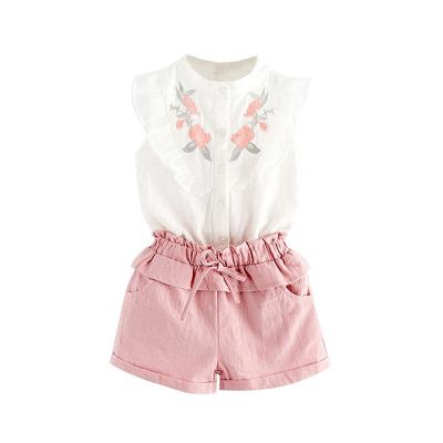 China 2021 summer new children's wear girls' lotus lace embroidered sleeveless shirt and shorts casual 2-piece set for sale