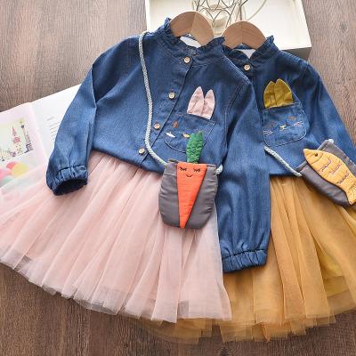 China 2021 new autumn children's suit girl cartoon embroidered denim shirt suit skirt + bag casual 3 pieces children's suit for sale