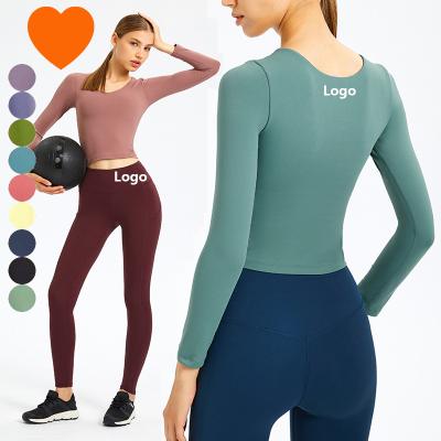 China DS131 Lulu Slim Fit Long Sleeve Breathable Crop Gym Quick Dryfit Top Yoga Sports Women's T-Shirts Build In Bra for sale