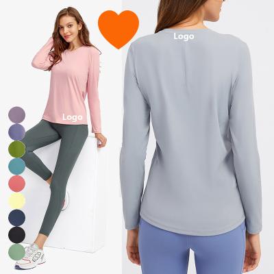 China DS129 Lulu New Yoga Wear Breathable Running Blazer Women Loose Round Neck Long Sleeve Fitness Workout Yoga T-shirt Soft Lightweight Crop Tops for sale