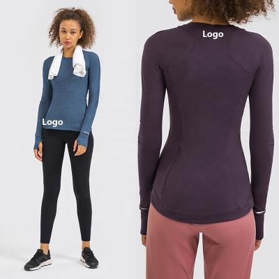 China D19050 Breathable Lulu Long Sleeve Yoga T-Shirt With Zipper Pocket Adjustment Autumn Running Fitness Top For Women for sale