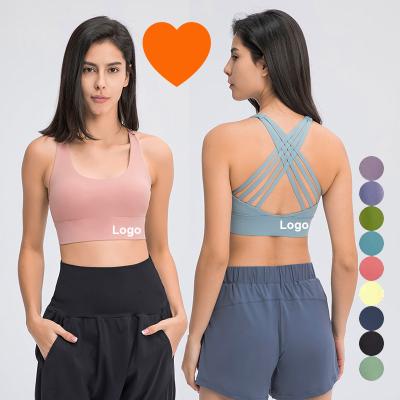 China DW035 Breathable Lulu Lemon 2022 Women Cross Back Padded Yoga Vest Crop Tops Workout Shockproof Biker Fitness Gym Yoga Sports Soft Bra BH for sale