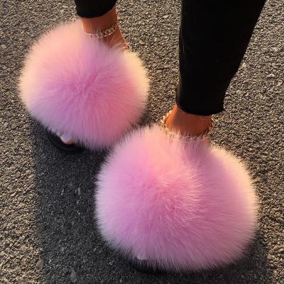 China Fashion Trend Sale Ladies Fox Fur Slippers Spring Summer Autumn Winter Warm Fox Fur Slippers, High Quality Raccoon Fur Slides for sale