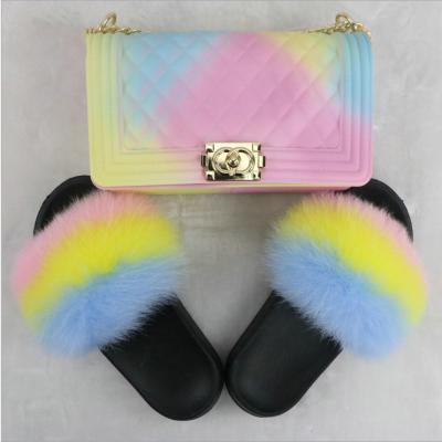 China Breathable Most Popular Fur Jelly Purse Fur Slippers And Bag Set Wholesale Fox Fur Slippers Slips Sets for sale