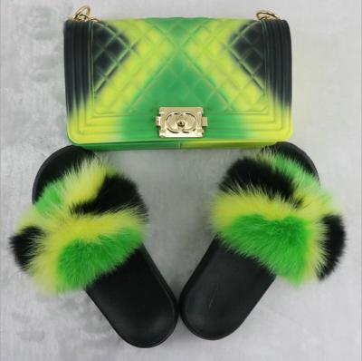 China China Manufacture Breathable Large Fur Slides And Matching Bags Pussy Fur Slippers Fox Fur Slides Sets for sale