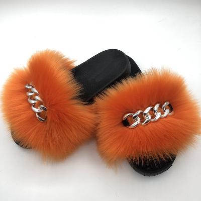 China Real Designer Breathable Fashionable Wholesale Custom Made Sandals Red Plush Fluffy Cheap Flat Faux Fox Fur Slides Slippers For Women for sale