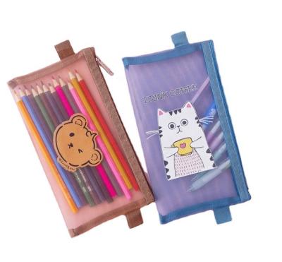 China Custom Item Cartoon Mesh Pencil Case Nylon Pencil Holder Small Handled Zipper Makeup Bag for sale