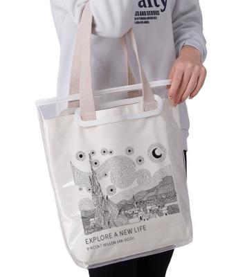 China Custom Logo Stock Clear Canvas And PVC Zipper Handled Large Capacity Shopping Bag Pouch Makeup Transparent Tote Bag for sale