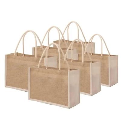 China Natural Eco-Friendly Reusable Inner Laminated Canvas Hessian Jute Cotton Tote Bag Beach Grocery Jute Tote Bag for sale