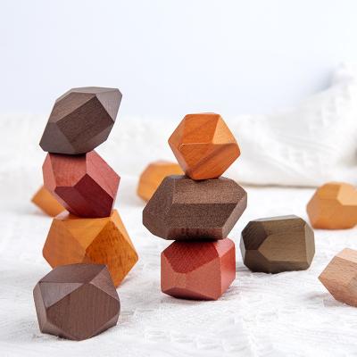 China Educational Kids Toy Wooden Rock Block Block Set Stacking Stone Colorful Balancing Educational Toy For Toddlers 12pcs All Different Shape for sale