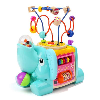 China Developing intelligence 5 in 1 wooden cube 120384 elephant baby garden activity center beads for sale