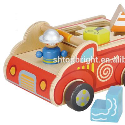 China Plywood 12 Months Little Baby Products 7 Pcs Cheap Innovative Fire Engine Has Rubber Wheel Wooden Baby Car Toy for sale