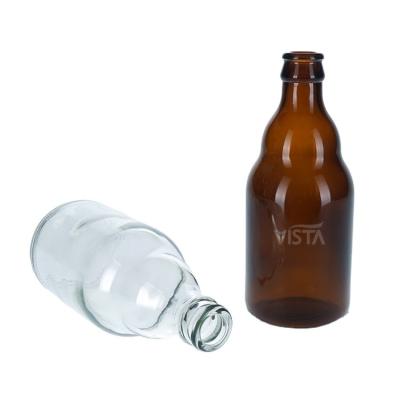 China Hot Selling 330ml Amber Clear Empty Glass Beer Bottle For Sparkling Wine Alcohol Juice Beverage With Metal Crown Lid for sale