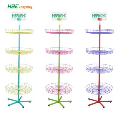 China Eco-friendly Shallow Round Basket Wire Metal Mall Revolving Grocery Display Stand For Stuffed Toys for sale