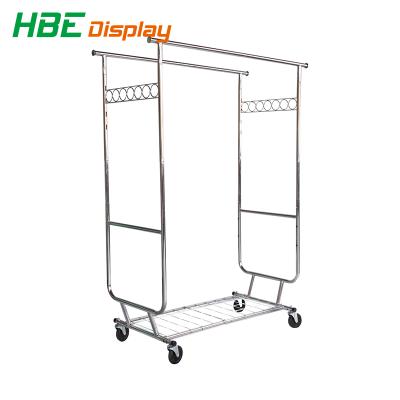 China Eco-Friendly Double Rail Adjustable Rolling Clothes Rack With Bottom Shelf And Wheels Dry Clothes Rack for sale