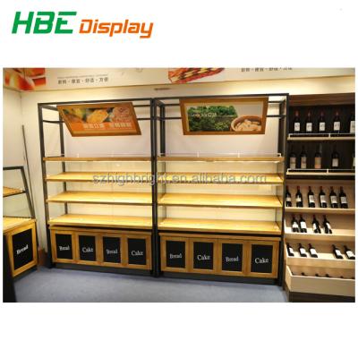 China Eco-friendly Customized Wooden Supermarket Bread Bakery Food Display Cabinet Case Shelf for sale