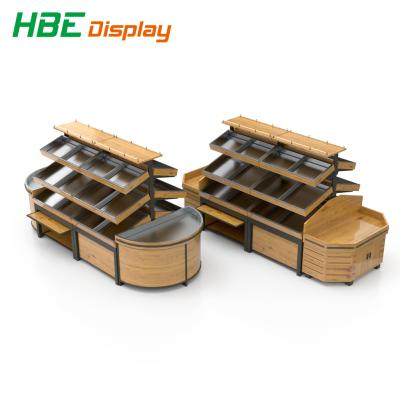 China Double Sided Wooden Fruit Vegetable Rack Shelves Supermarket Fruit And Vegetable Display Rack for sale