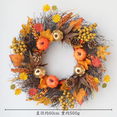 China 2021 Manufacturers High Quality Fall Wreath 50cm Artificial Dead Pumpkin Wreath Branches+Cloth+PVC For Door Decoration for sale