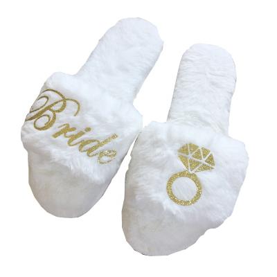 China White Soft Furry Plush Fabric Bride Slippers For Wedding Married Bachelor Hen Party Gifts for sale