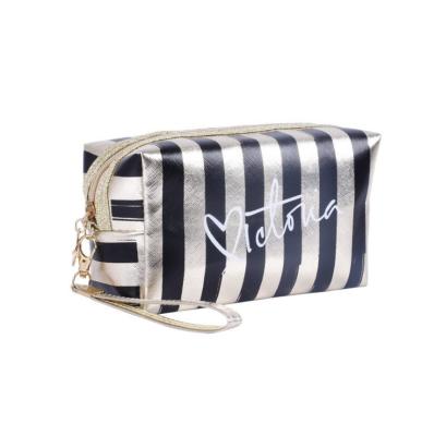 China High Quality MU Cosmetic Neceser Women Make Up Storage Bag Waterproof Case Customized Striped Toiletry Bag PU Cosmetic Bag Travel Organizer for sale