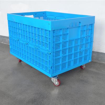 China Can Be Added 4 Crates Folding Plastic Durable Laundry Cloth Wheels Storage Basket Crate Packaging With Lid And Wheels Plastic Handle for sale