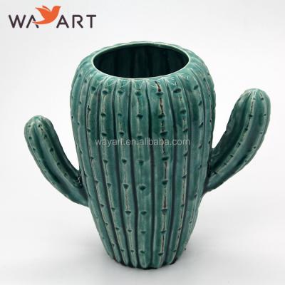 China Teal Blue Cactus Ceramic Contemporary High Quality Handmade Vase for sale