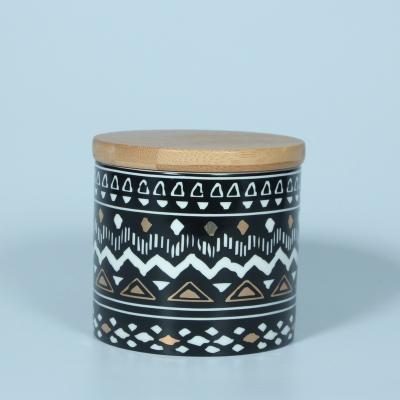 China Contemporary Geometric Pattern Ceramic Candy Cookie Jar With Bamboo Lid for sale