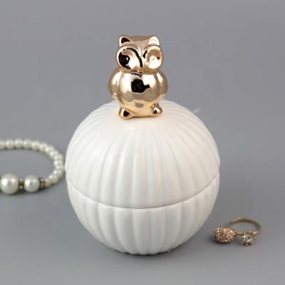 China Contemporary Unique White Round Shaped Ceramic Trinket Box With Owl for sale