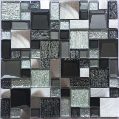 China 3D parquet effect pattern glass mosaic mix alumiunm geometric slab GB-GA8041-C combine mixed mosaic tile for sale