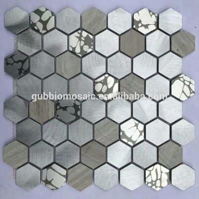 China Parquet aluminum alloy hexagon mosaic tile, brush finish surface mix color mosaic tile for wall, for barthroom, for kithchen GB-MA009HX for sale