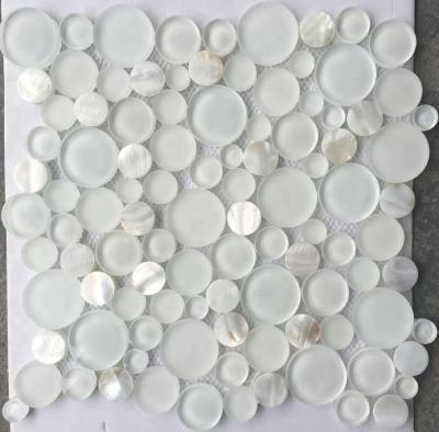 China Cycloidal Super White Parquet Circled Circular / Mix Mother Of Pearl Slab / Shell Glass Mosaic By Round Shape GB-G227DR for sale