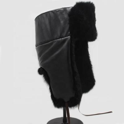 China JOINT Animal Fur Hat Women's Rabbit Fur With Black Leather Russian Fur Hat for sale