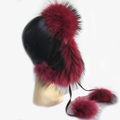 China Russian Ladies COMMON Fur Hat Red Color Leather Color Raccoon Fur With Pom Poms 100% Fur Hat for sale