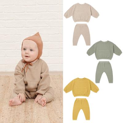 China New Waffle Two Piece Pocket Solid Color Long Style Boys And Girls Autumn Romper Sleeve Baby Sweater Set Breathable for sale