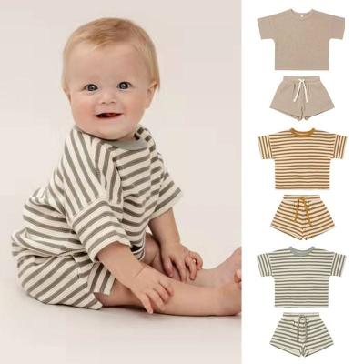 China Breathable Summer Natural Baby Clothes Set Short Sleeves Waffle Shirt With Shorts 2 PCS Set Children Causal Clothing for sale