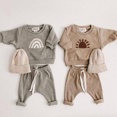 China INS Breathable Knitted Cotton Kids Baby Essential Clothing Sets Rainbow Pullover Sweatshirt And Pants 2 Piece Clothing Set Baby for sale