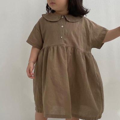 China Washable Children's Summer Clothes New Cotton And Linen Baby Casual Ball Gown Girls Fashion Insist Round Lapel Short Sleeve Midi Dress for sale