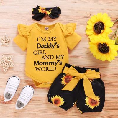 China New Arrival Summer Cute Baby Short Sleeve Anti-wrinkle Romper+Pants+Headband 3Pcs Set Cotton Baby Clothing Set for sale