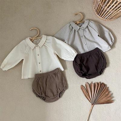 China Autumn solid color version breathable Korean baby suit spring lapel long-sleeved long-sleeved shirt + shorts set for sale