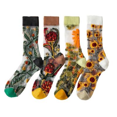 China Women's Summer Crew Tube Flowers Mori Glass Silk Breathable Transparent Thin Socks Antibacterial for sale