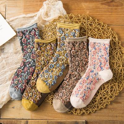 China Fashion Antibacterial Crew Tube Summer Fashion Flower Socks Cotton Curling Boot Booties Retro Women Socks for sale