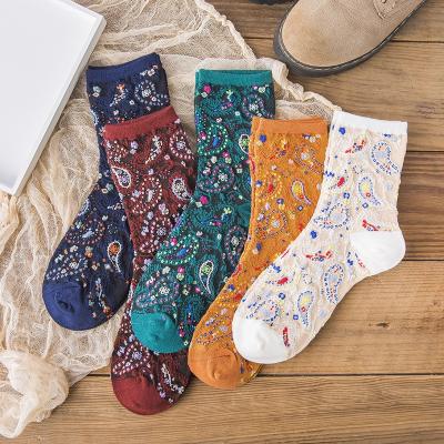 China Antibacterial Japanese Cotton Flower Tube Socks Fashion Women Crew Socks Retro Pile Socks for sale