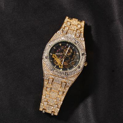 China Luxury Environmentally Friendly Hollow Mechanical Iced Out Waterproof Full Diamond Quartz CZ Hip Hop Male Clock Gift Watch For Men for sale