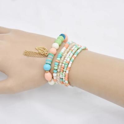 China New Fashion Cute Jewelry Multicolor Handmade Seed Beads Bracelet Set 6 Pcs Set Cute Leaf Charm Pendant Bracelet For Women Girls for sale