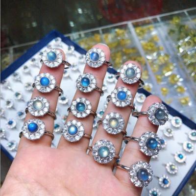 China High Quality Good Luck Overdone Open Ring For Women Ladies Adjustable Ring Rotatable Full Diamond Zircon Gemstone Labradorite Big Blue for sale